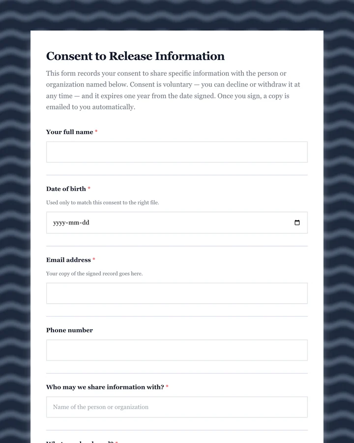 A consent to release information form set in serif type on a dark navy ground, with square-cornered fields