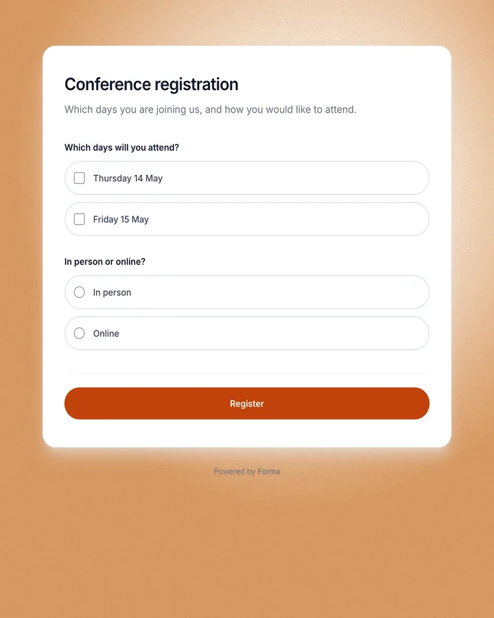 A conference registration form on a warm sand ground, with day checkboxes and a pill-shaped Register button