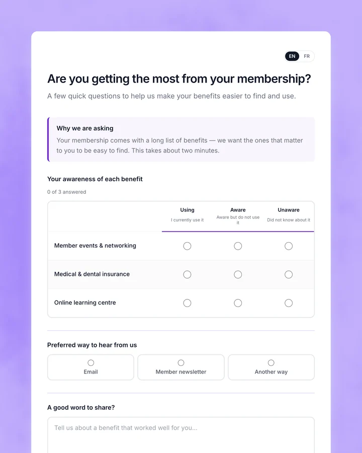 A member benefits survey on a lavender ground, with a benefits awareness grid and an English/French switch