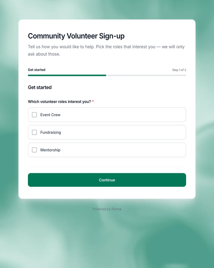 A community volunteer sign-up on a green ground, showing step 1 of 2 with a progress bar and role checkboxes